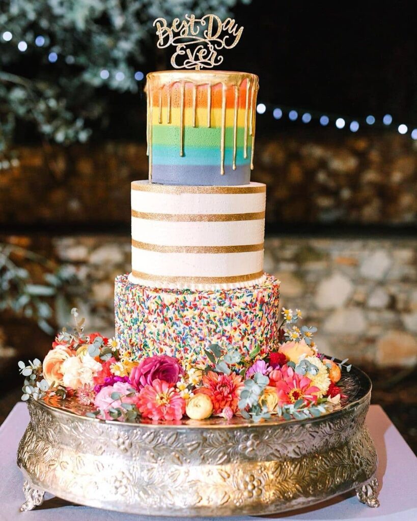 LGBT rainbow wedding cake with topper