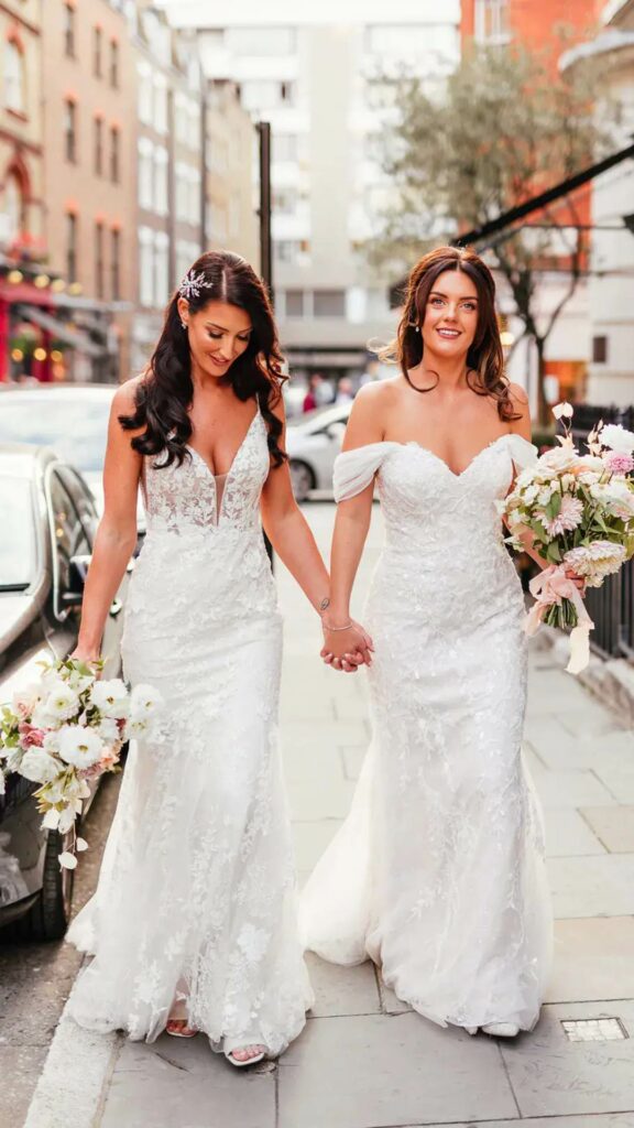 love and style with beautiful lesbian wedding outfits and blush wedding bouquet that redefine beauty
