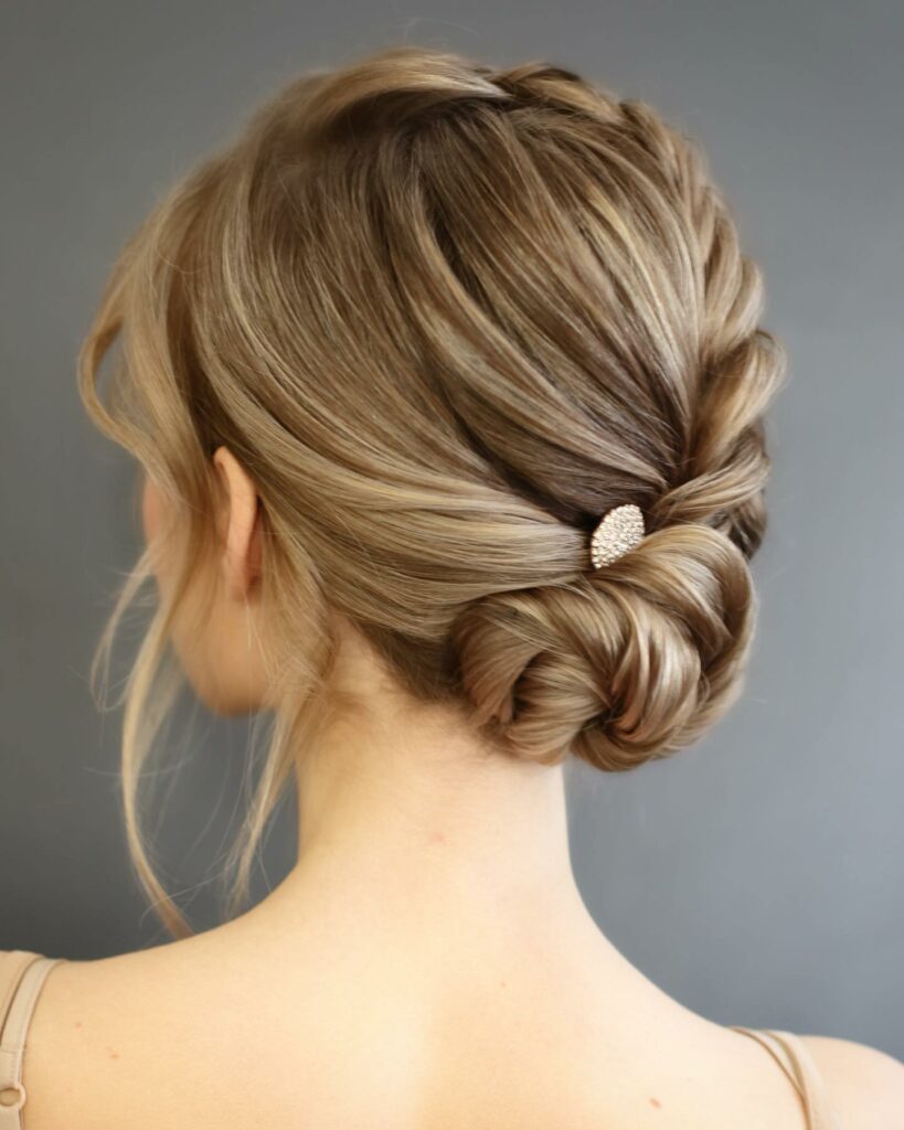low bun wedding hairstyle with braid for thin medium hair
