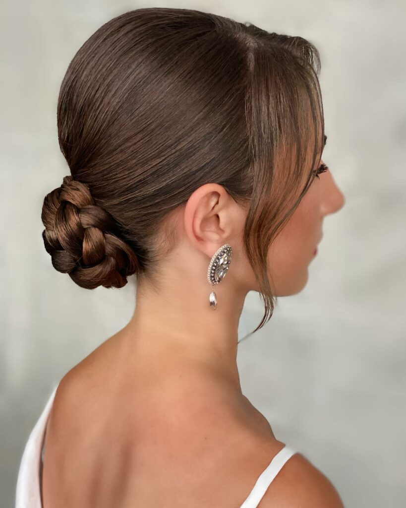 low bun with braided wedding hairstyle for thin and straigh hair