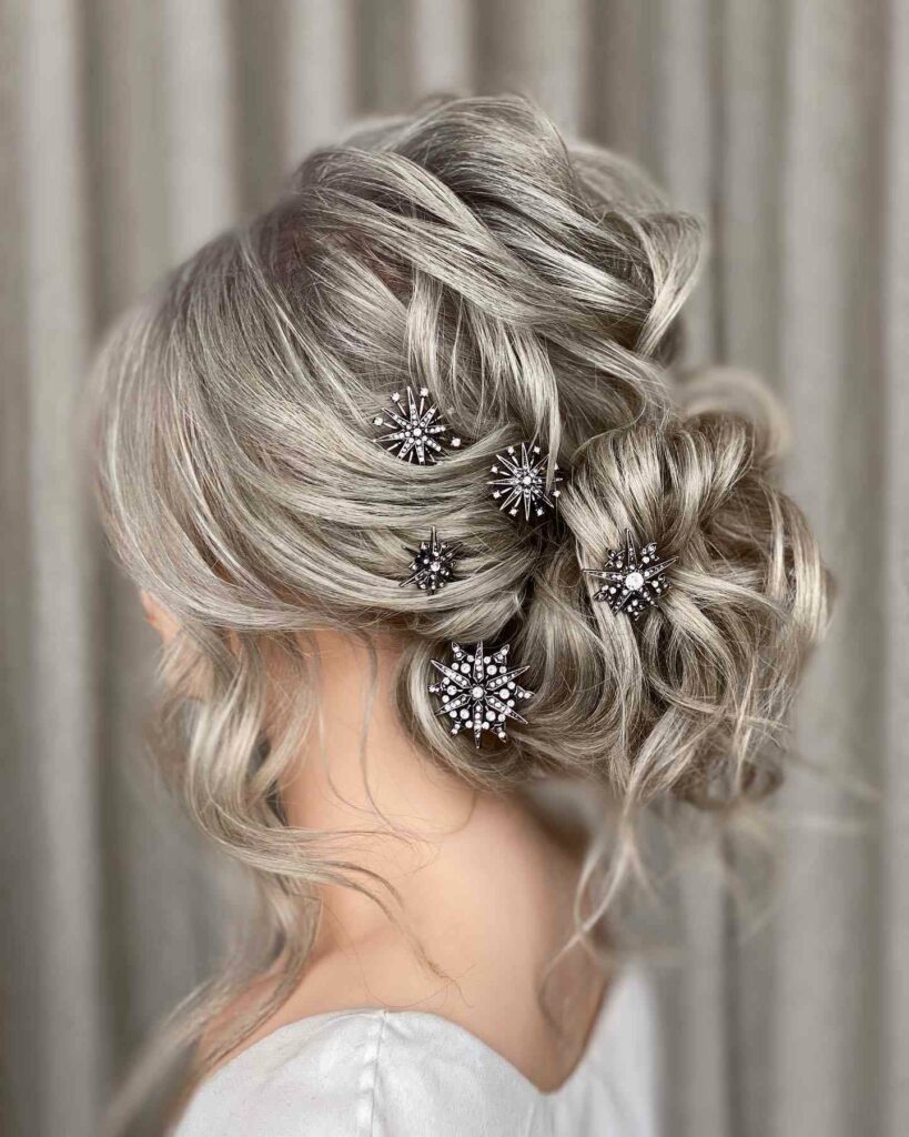 messy bun with hair pin bridal hairstyle for thin hair