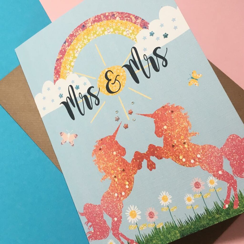 mrs and mrs personalized unicorn lesbian wedding card