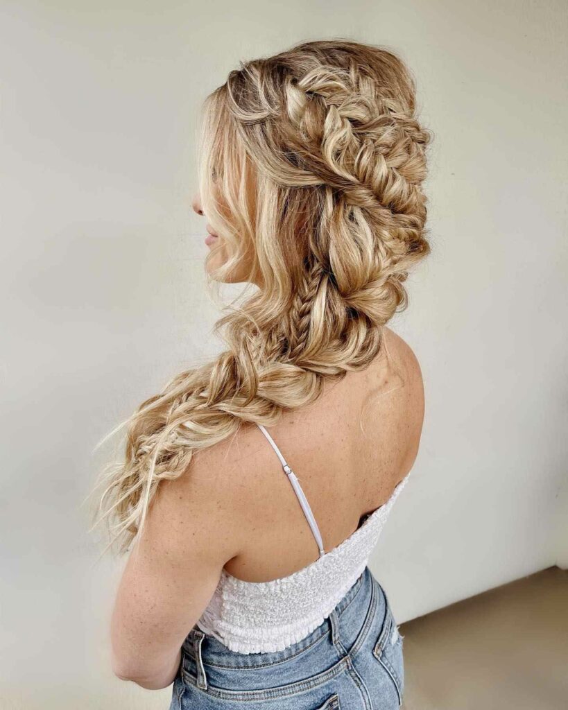 romantic fishtail braided wedding hairstyle with Dutch braid