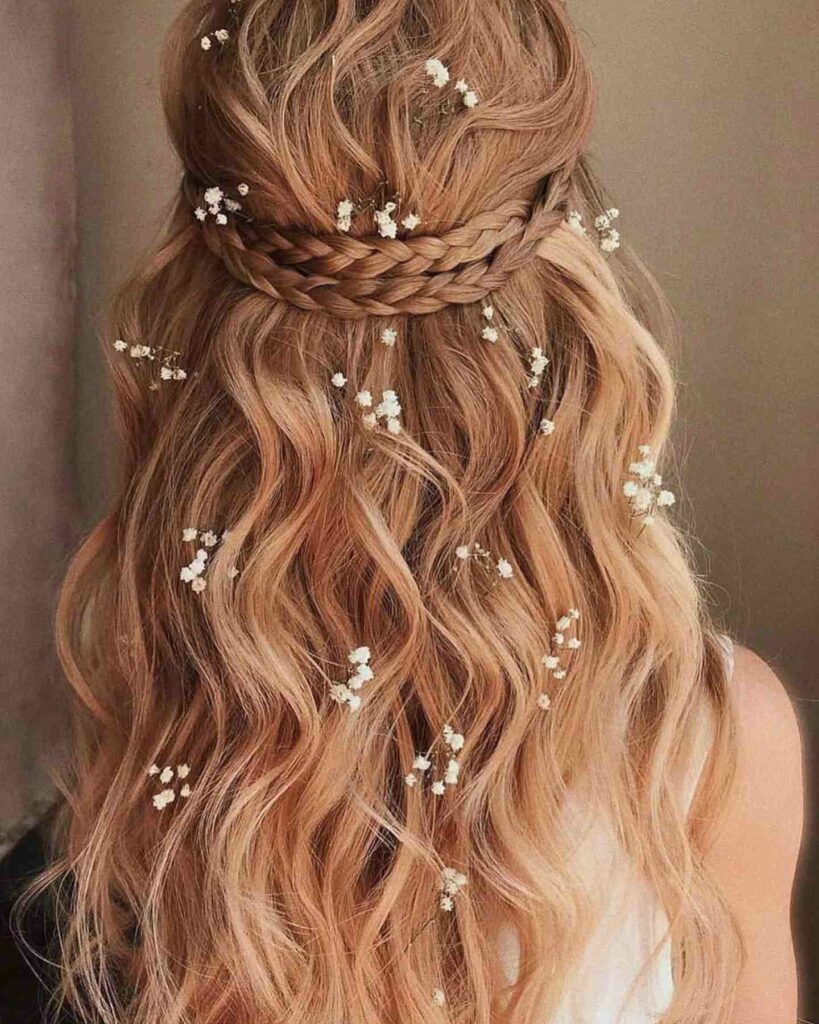 romantic half up halo French braid bridal hairstyle