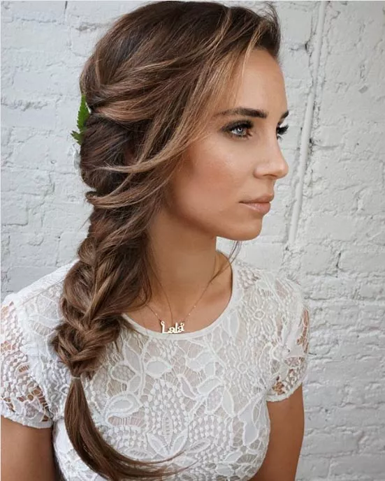 romantic side braid bridal hairstyle for long thin hair with fresh blooms