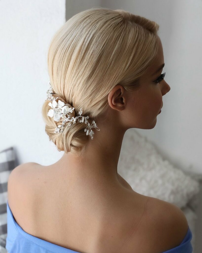 romantic wedding hairstyle with low bun for thin hair