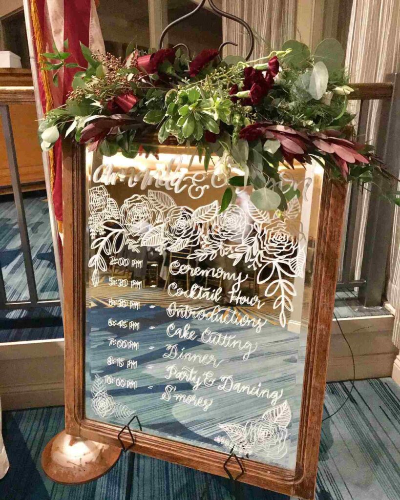 rustic inspired mirror wedding event schedule sign