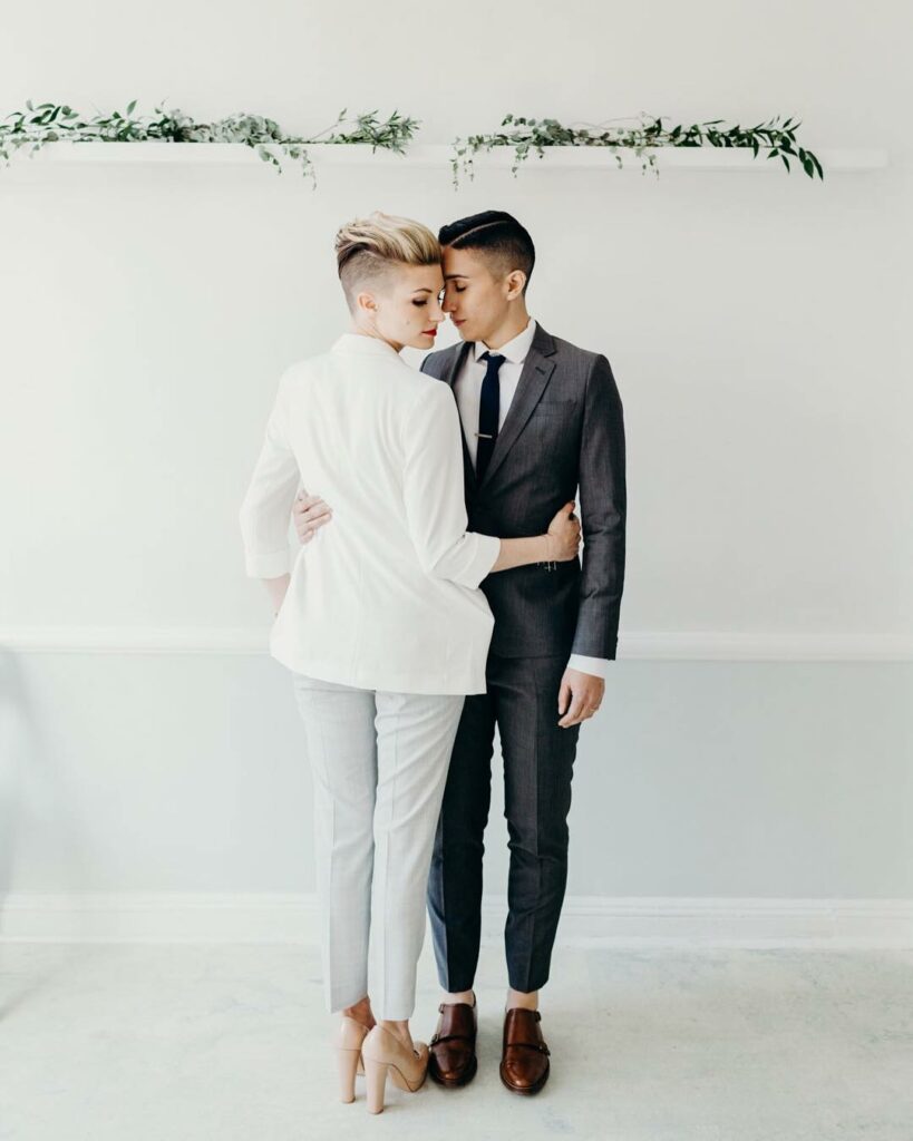 same sex black and white wedding suit