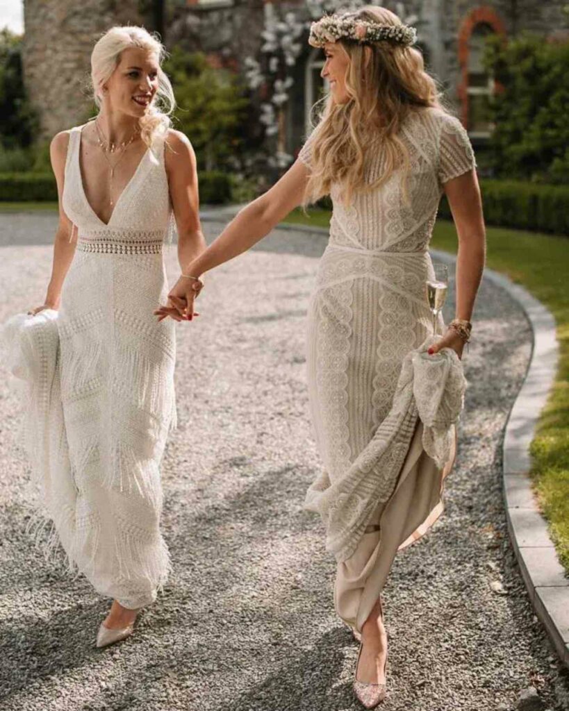 same sex boho lesbian lace wedding outfit