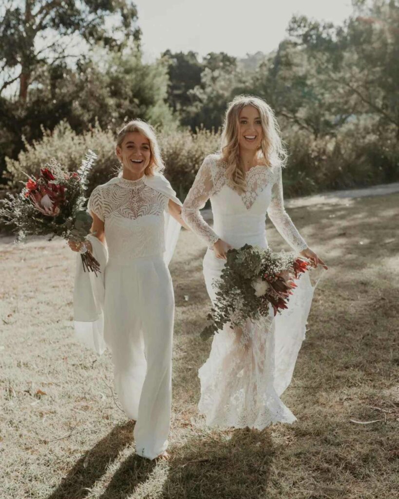 sexy and comfortable bohemian lace wedding outfits for lesbian couple