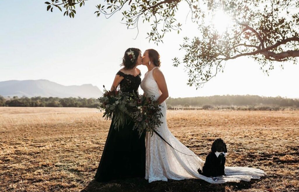 sexy black and white lace wedding gown for lesbian brides