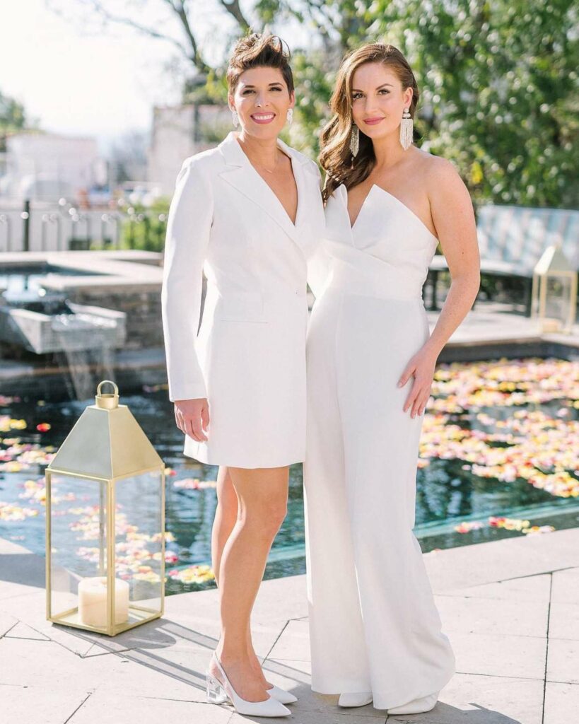 short wedding white suit and jumpsuit lesbian brides outfits