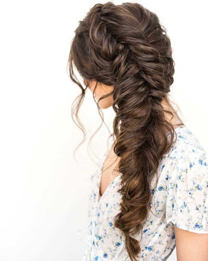 side fishtail braid long hair wedding hairstyle