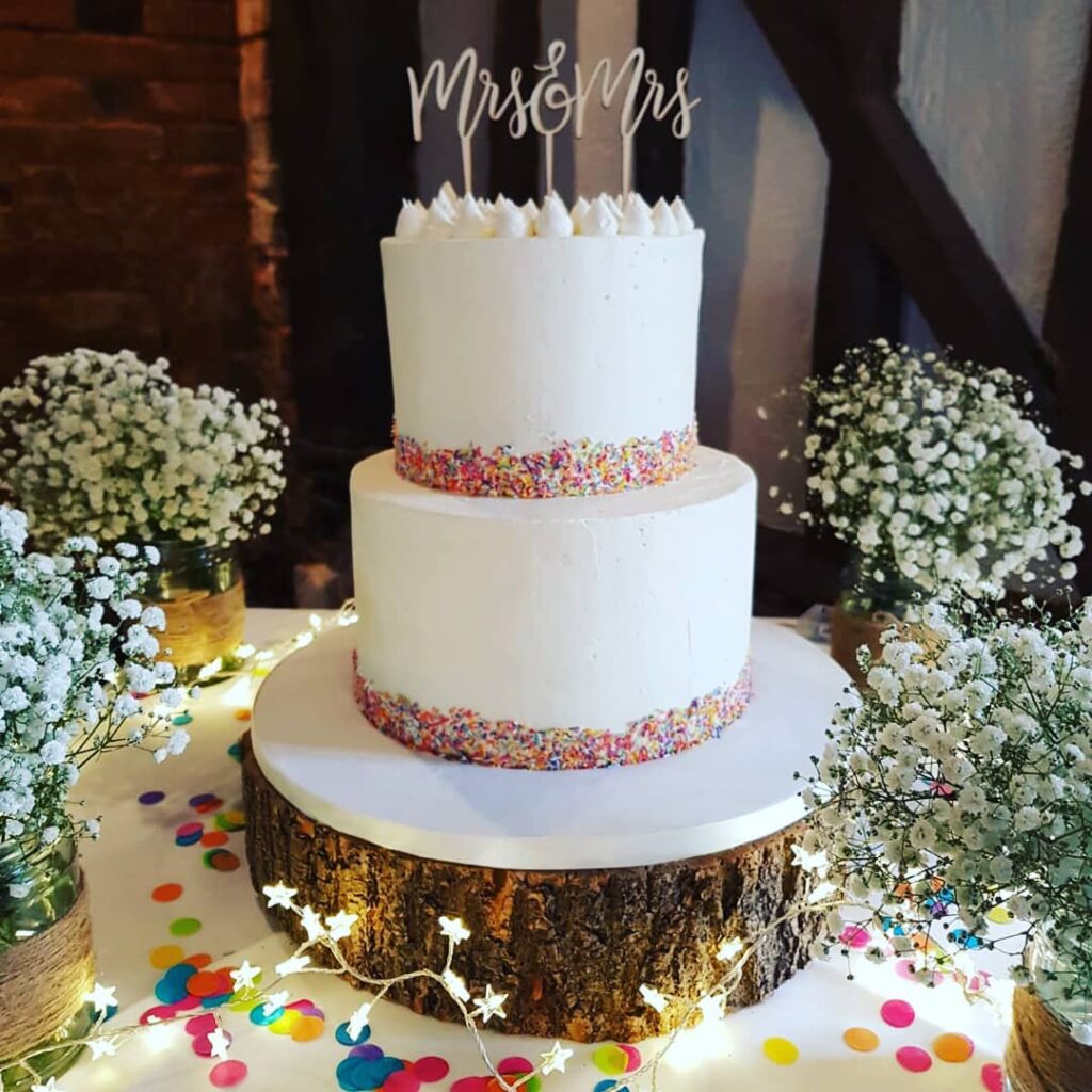 stunning two tiered lesbian rustic barn wedding cake