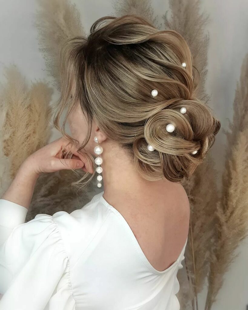 twisted wedding updo for thin long hair with pearl