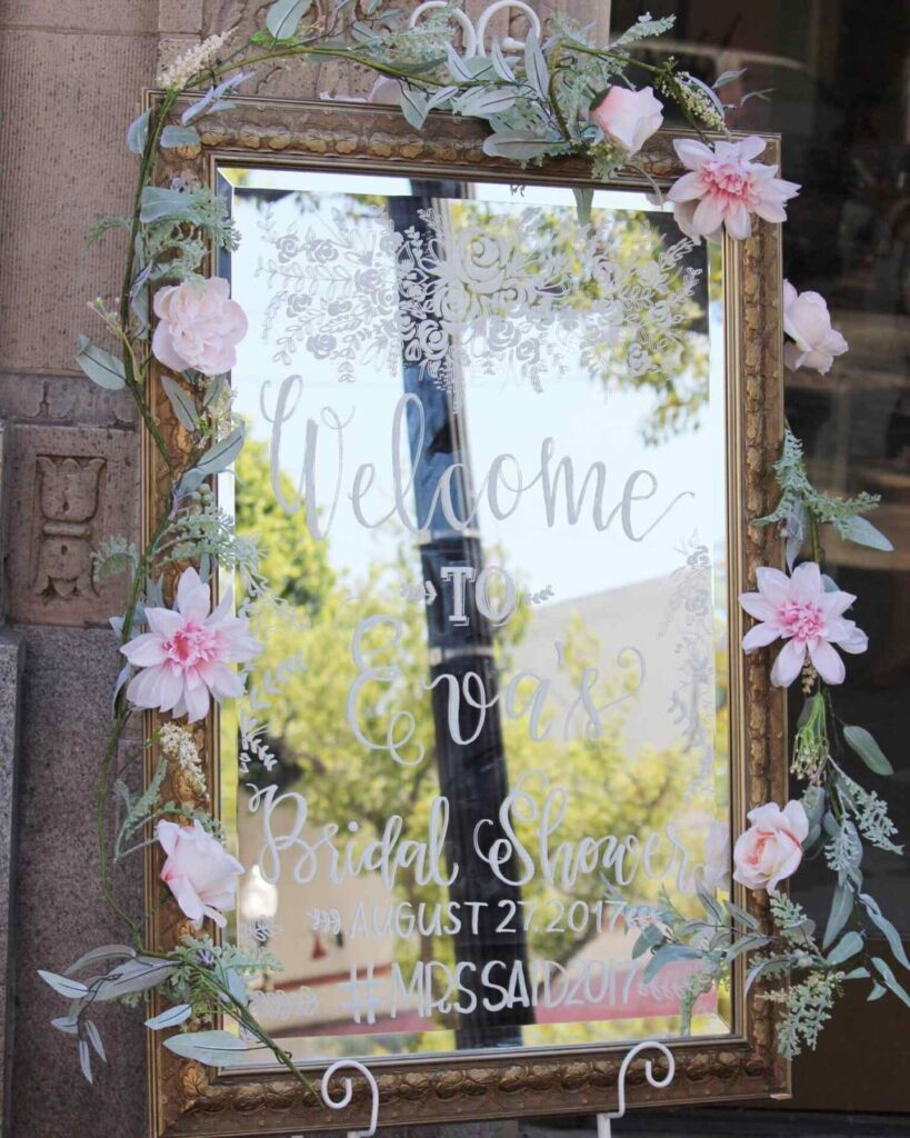 vintage inspired mirror blush welcome wedding sign