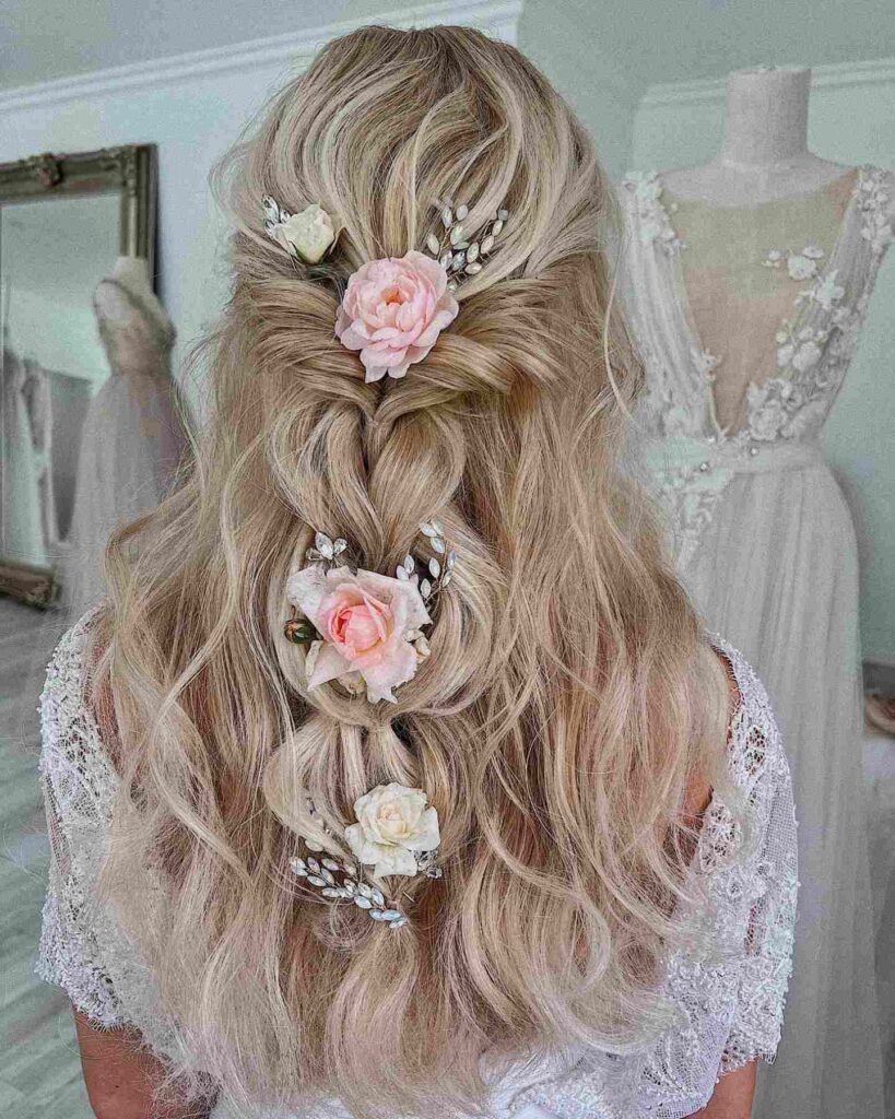 voluminous half up boho bridal hairstyles for thin hair
