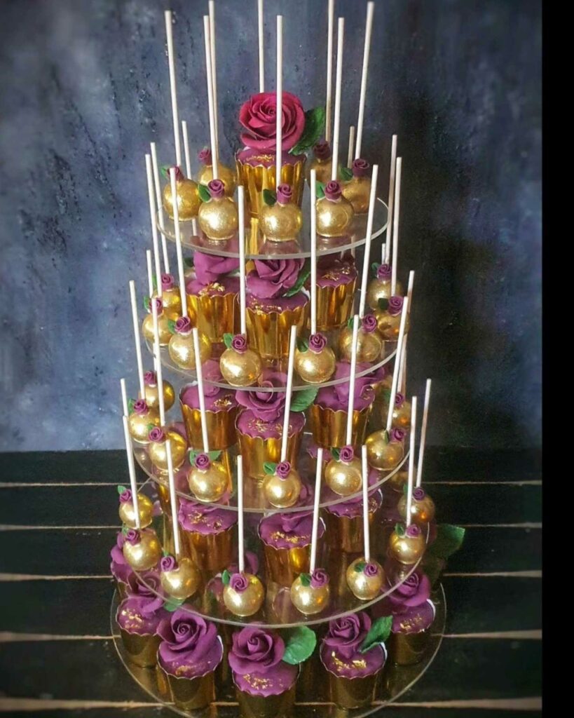 golden cake pops and cupcake tower