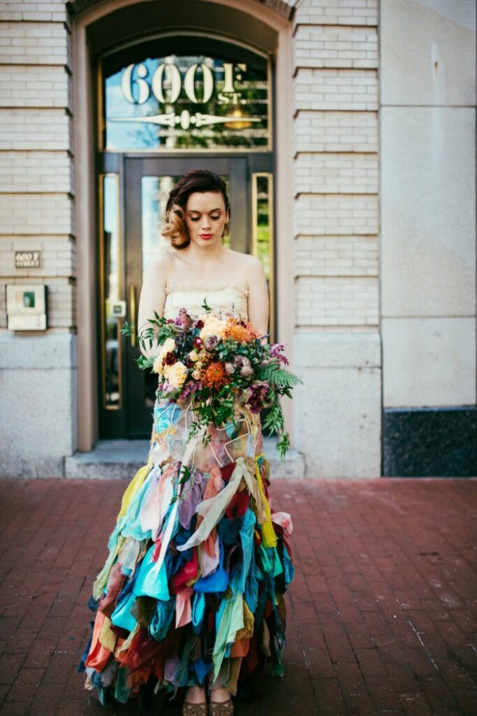 multicolored ombre silk rainbow wedding gown
