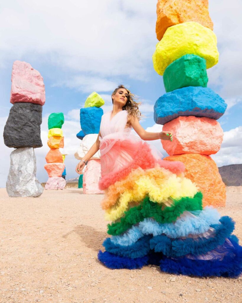 puffy rainbow wedding dress with seven magic mountains