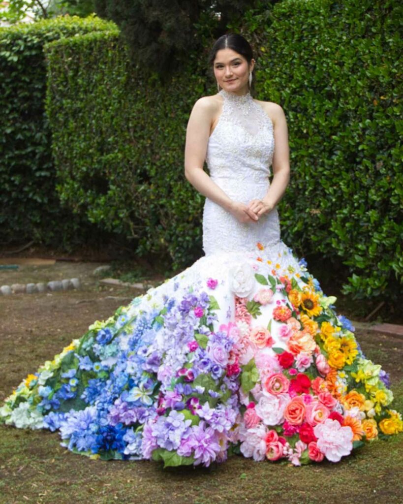 rainbow embroidered florals adorn wedding dress