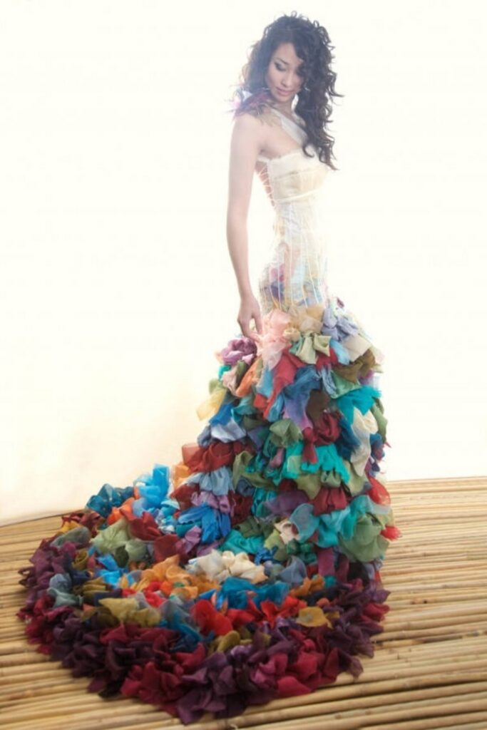 rainbow multicolored silk wedding dress for boho brides