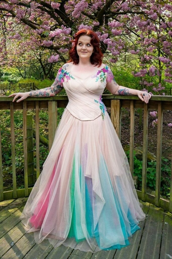 rainbow pastel color wedding dress with embroidered corset top