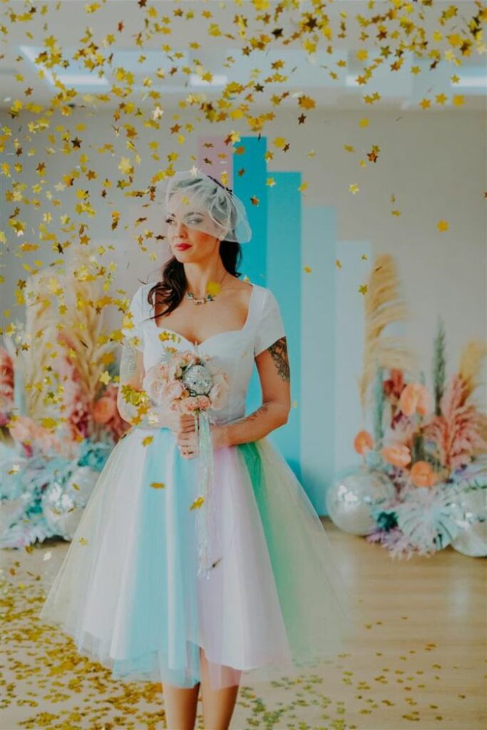 rainbow short wedding dress in pastel colors