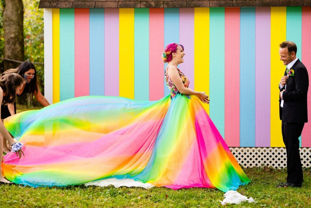 rainbow themed custom wedding dress