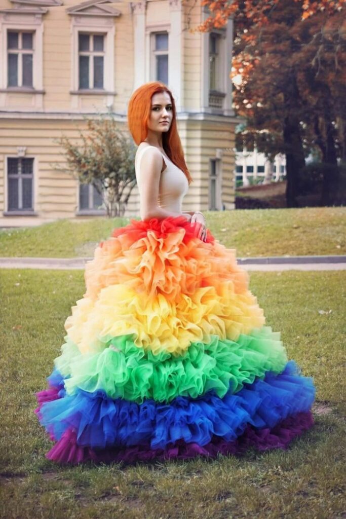 rainbow tulle long ruffled wedding dress