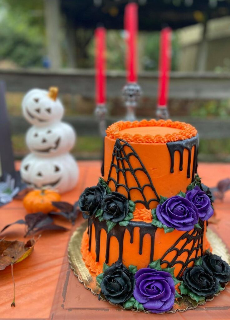 Halloween fun themed wedding cake for happy couple
