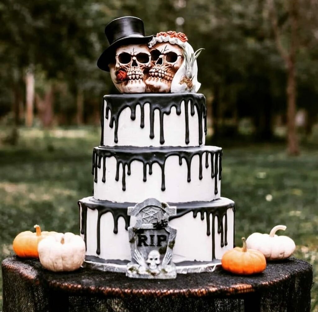 Halloween spooky black and white wedding cake