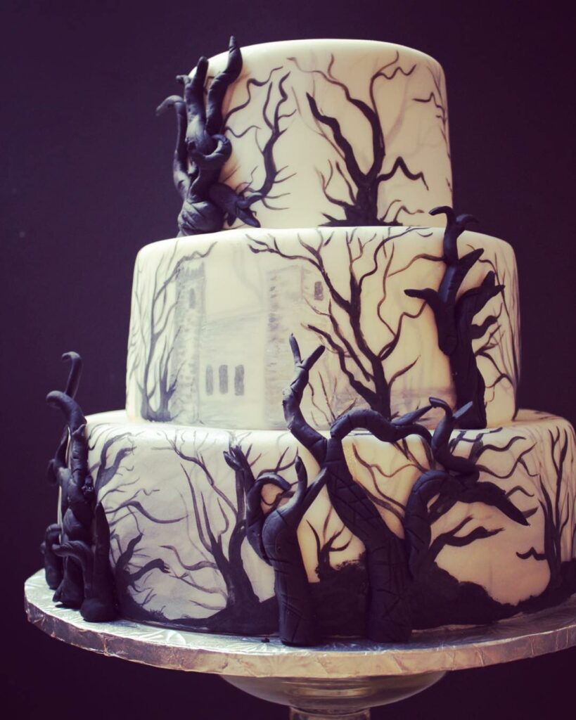 amazing black and white Halloween wedding cake