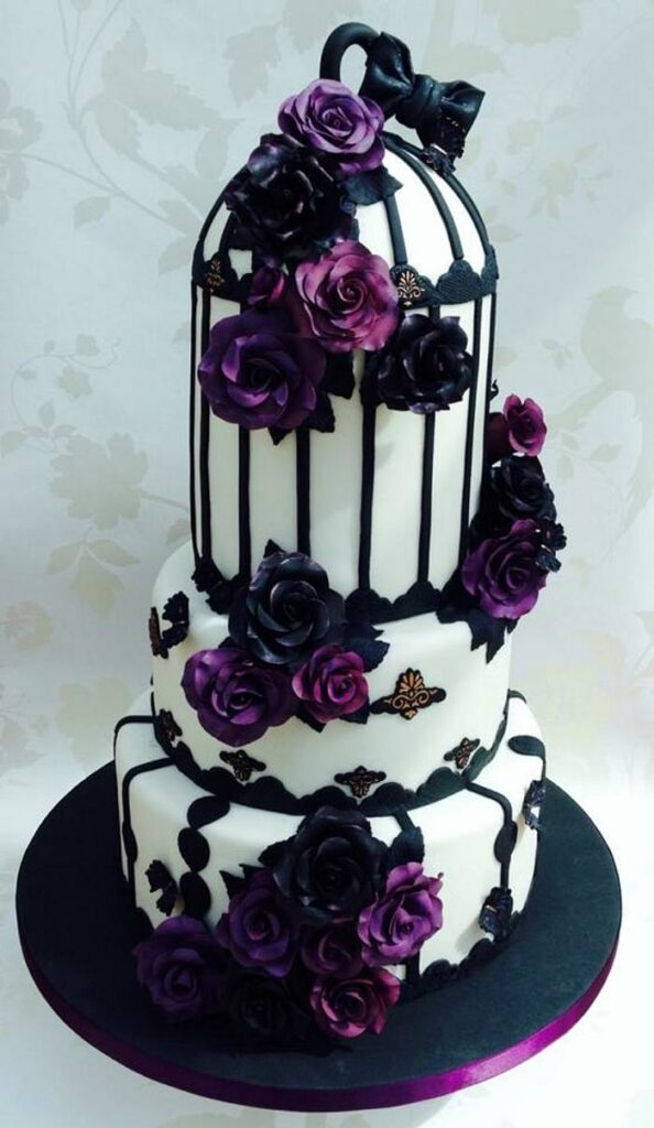 black and gothic purple roses wedding cake