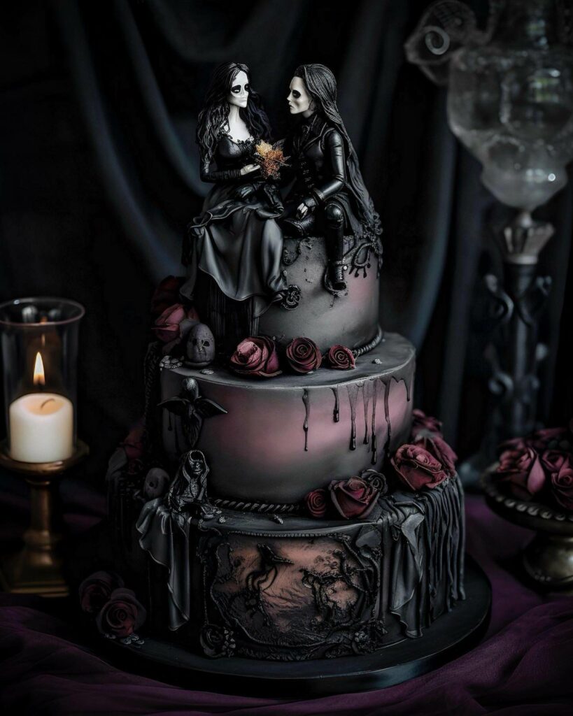 black and purple moody gothic inspired wedding cake