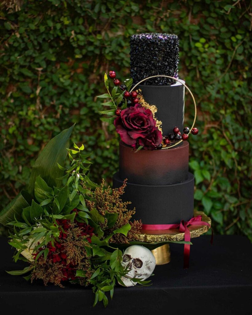 black and red Halloween themed wedding cake