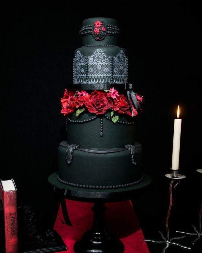 black and red gothic wedding cake