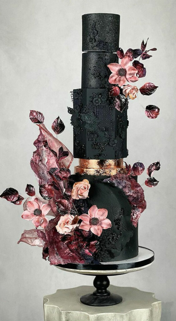 black and rose gold gothic textured wedding cake
