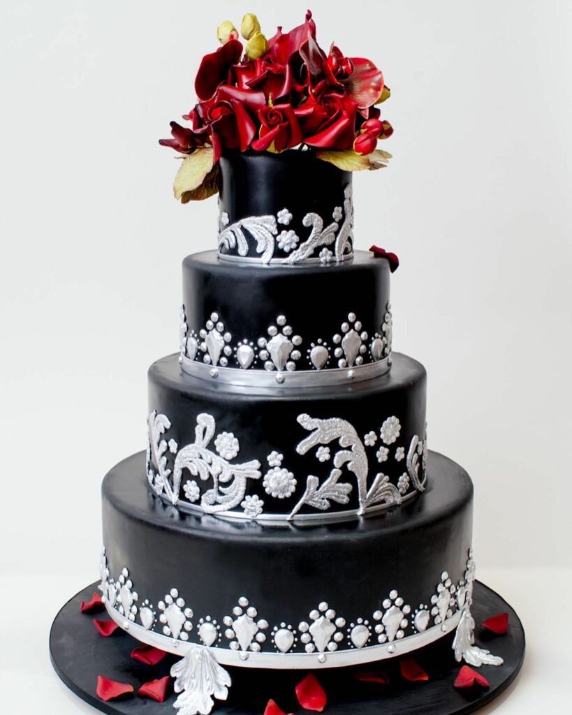 black and white red floral gothic themed wedding cake
