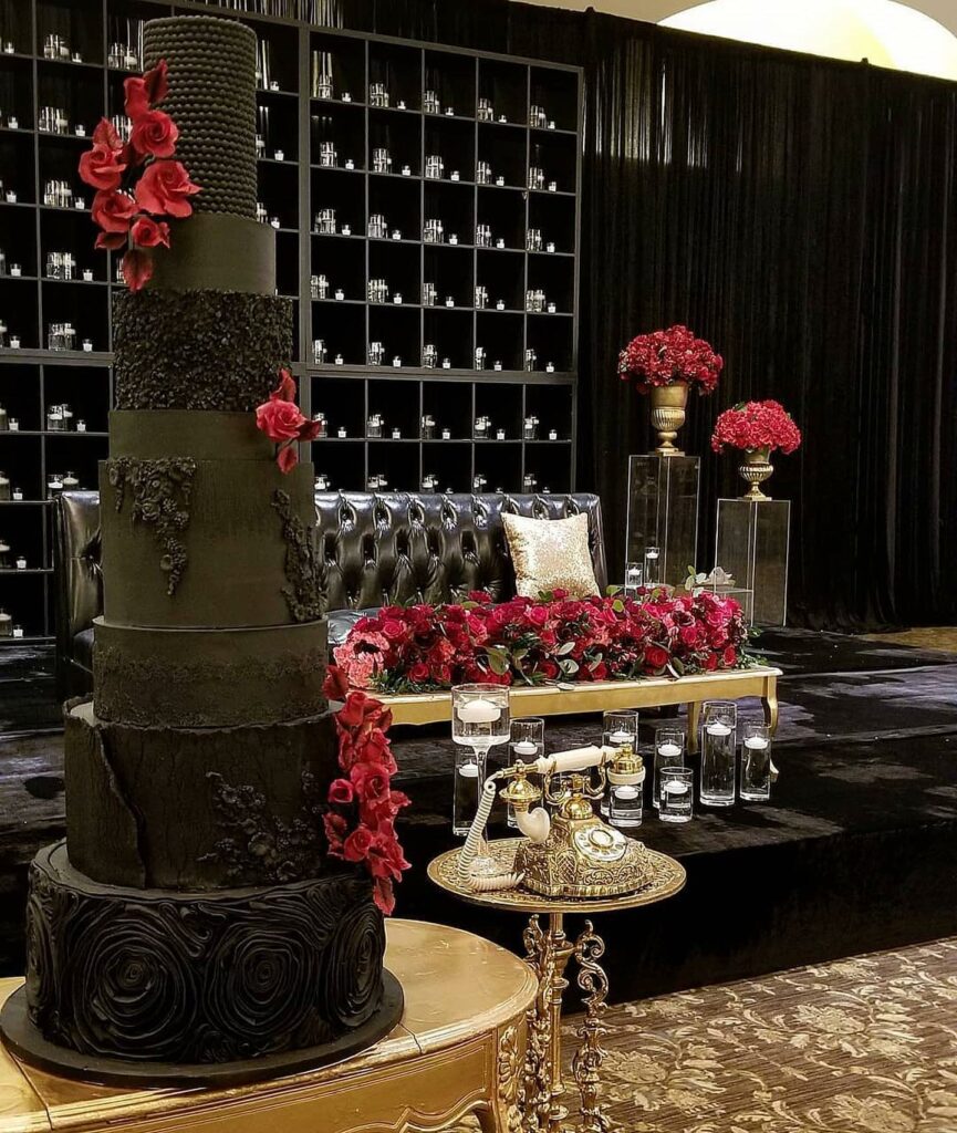 black gothic tall wedding cake