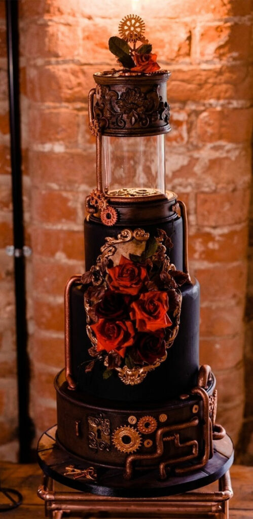dark and moody black gothic steampunk cake for autumn wedding