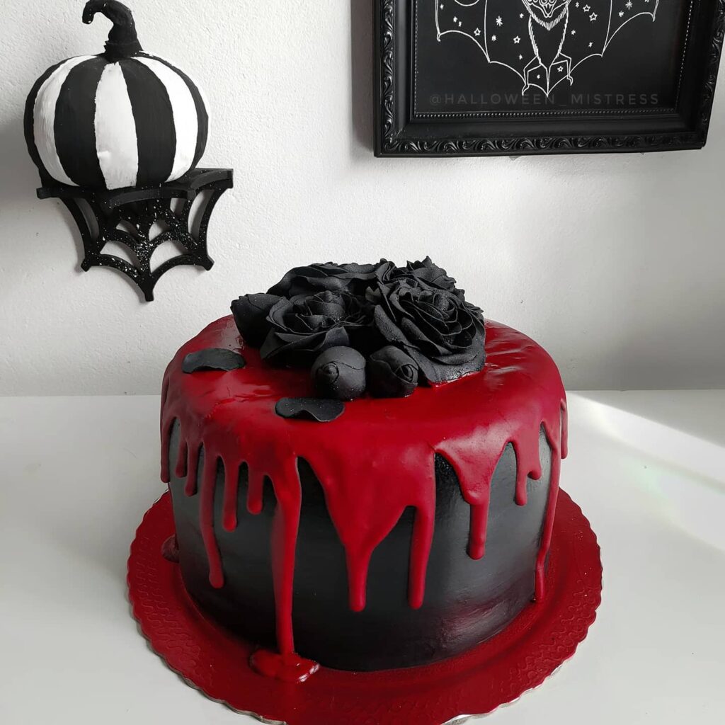 deep red Halloween theme gothic wedding cake