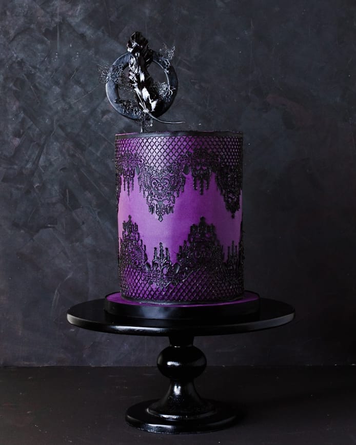 edible lace gothic purple wedding cake