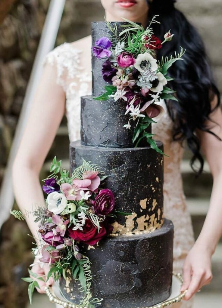 floral textured black wedding gothic cake