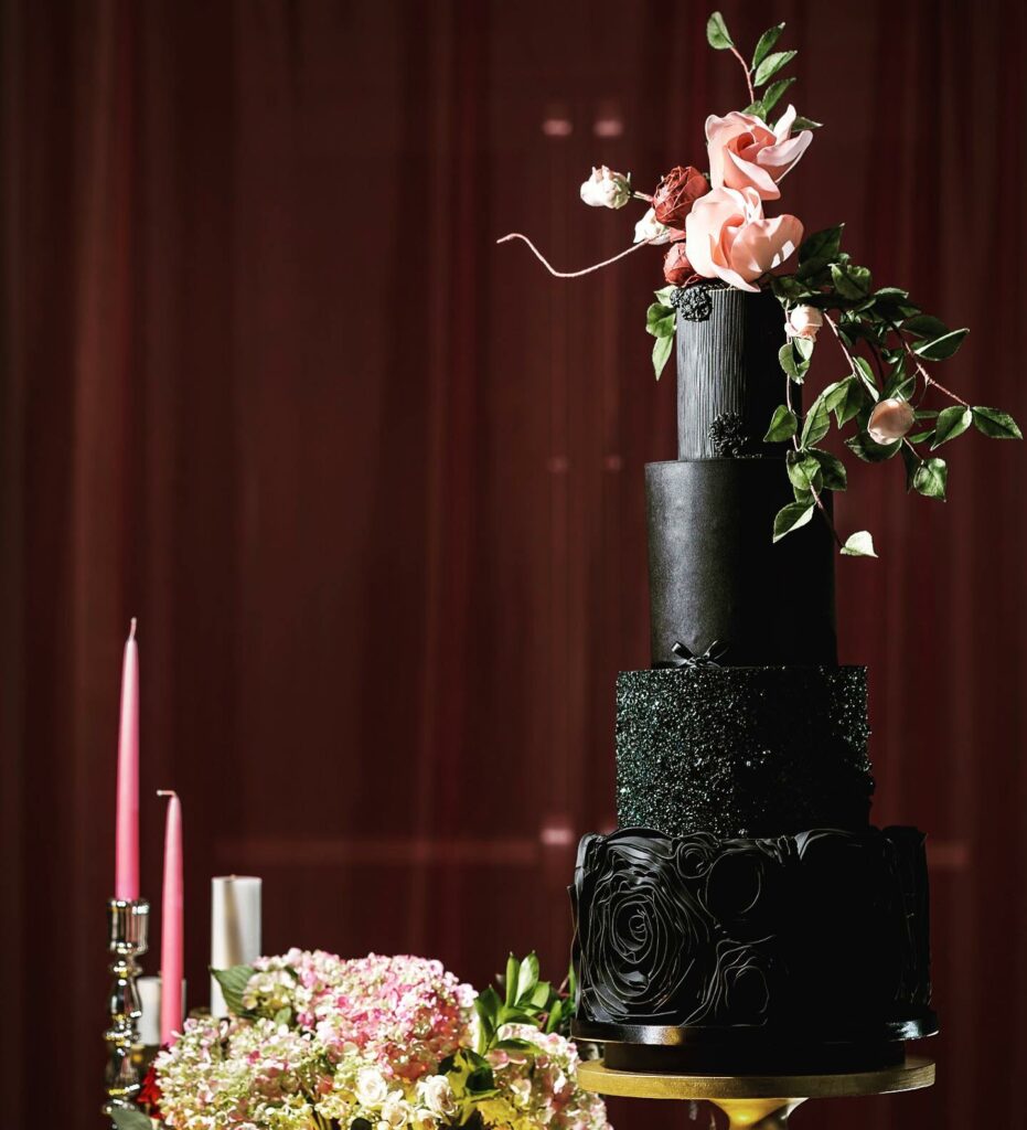 gothic wedding cake with sugar flowers
