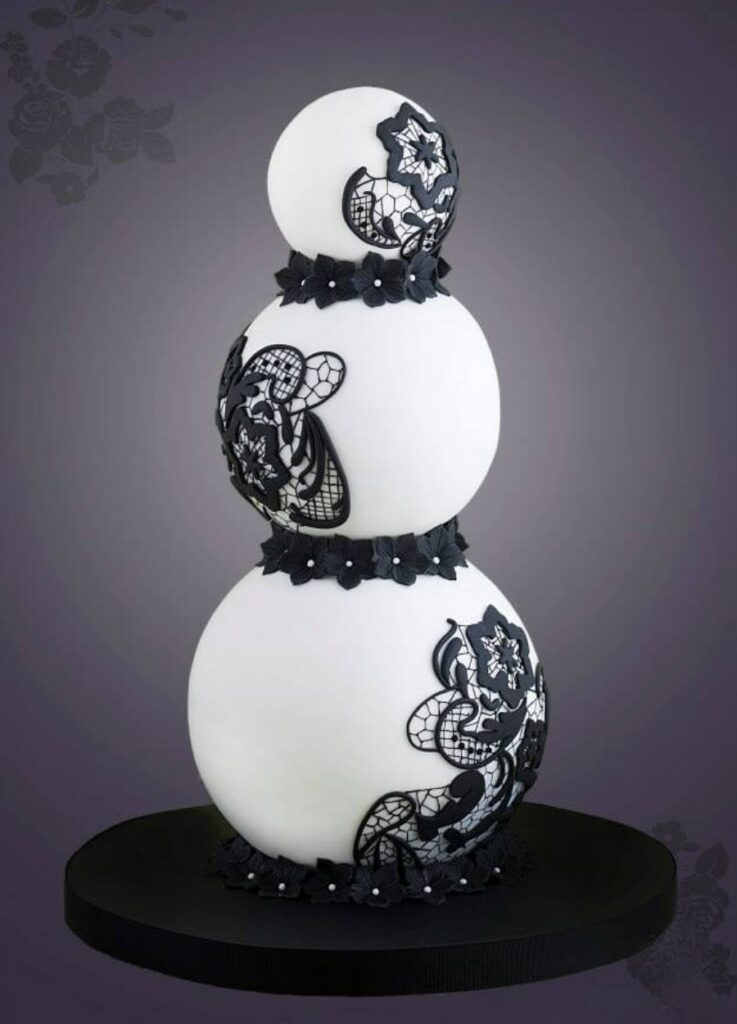 gothic black and white design sphere shape wedding cake