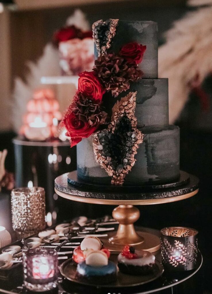gothic black geode moody florals wedding cake