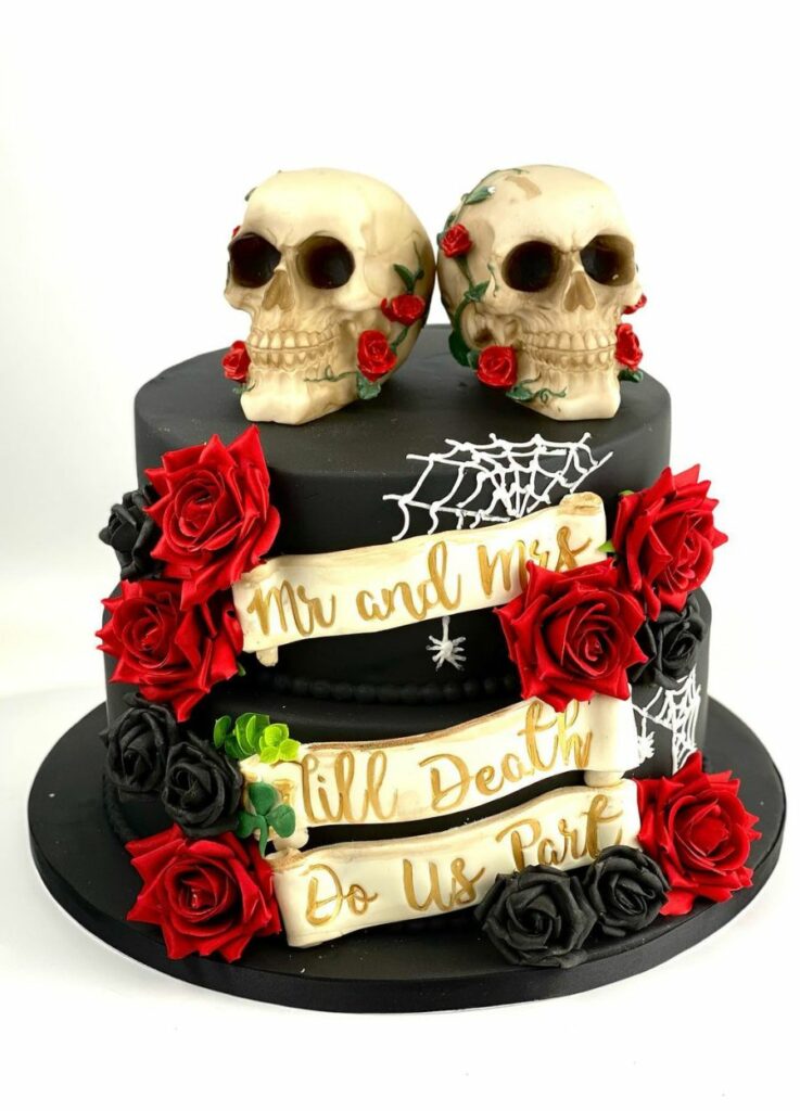 gothic skull black wedding cake with red roses