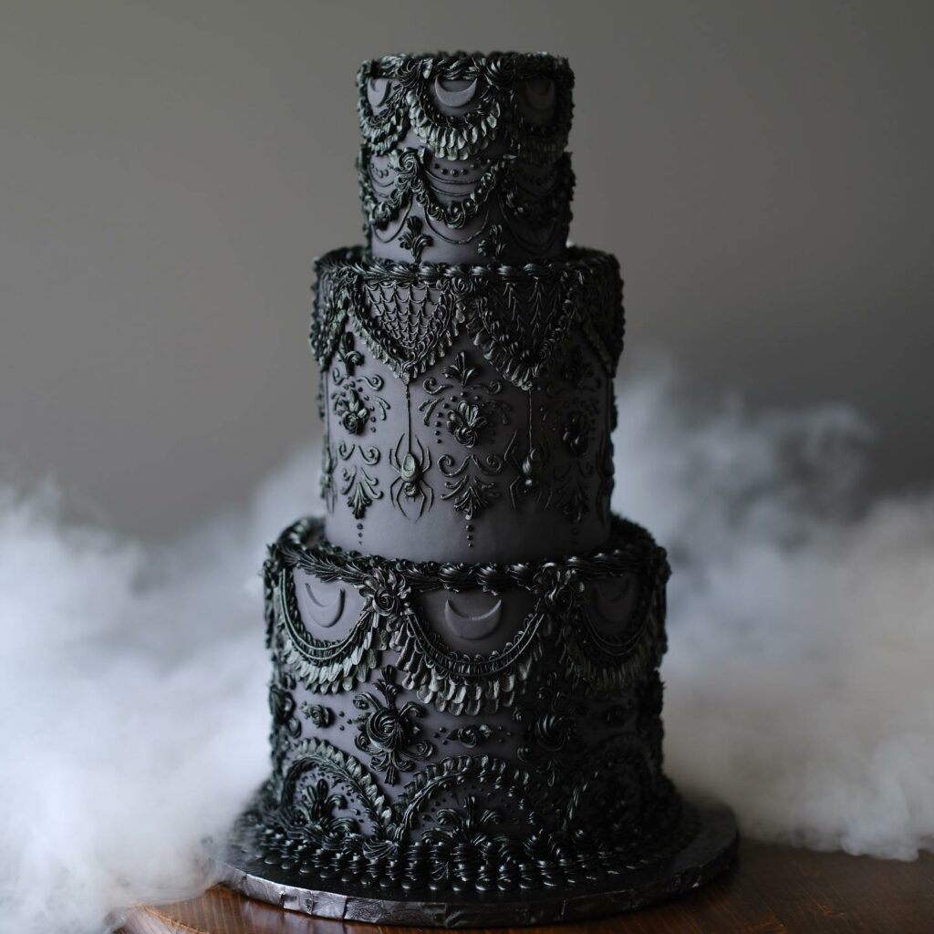 gothic themed three tiered wedding cake