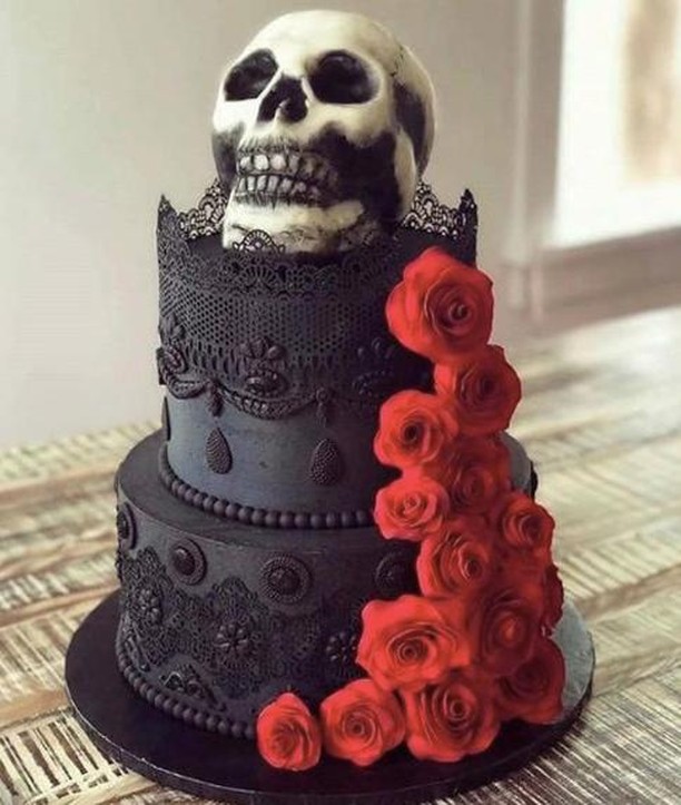 gothic wedding cake with lace and roses decor